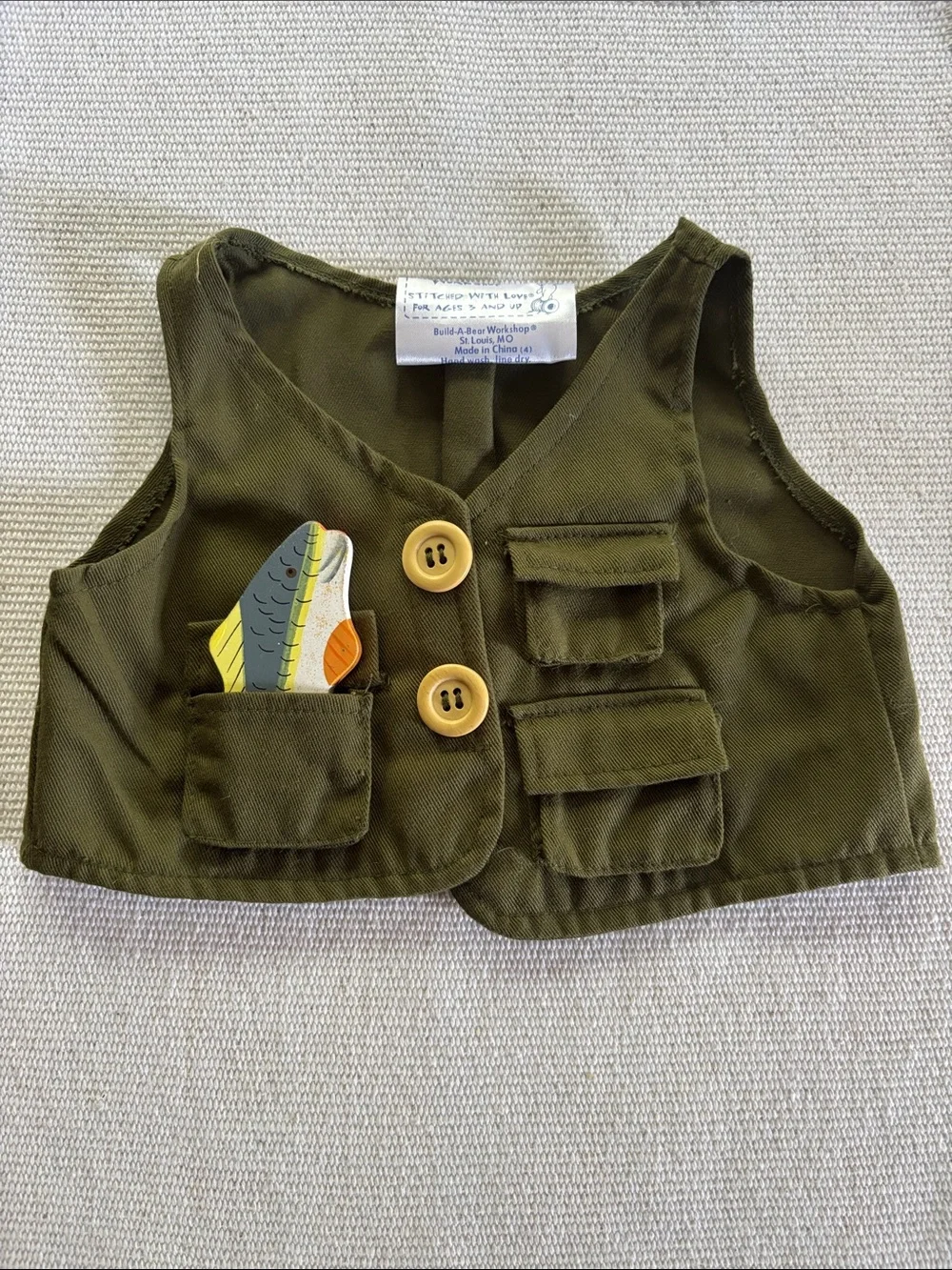 Build a Bear Workshop Fisherman Vest with Wooden Fish